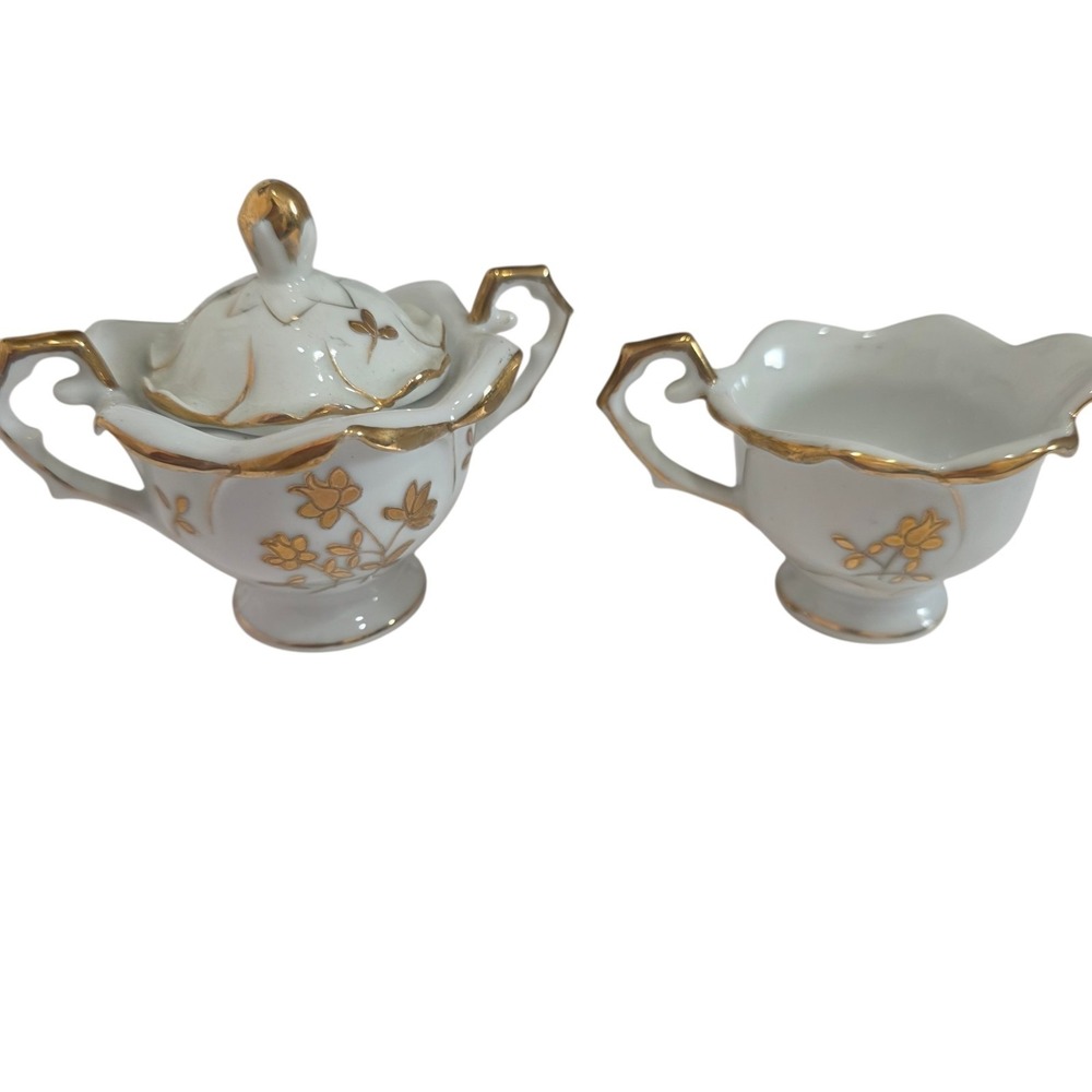 Vintage UCAGCO Hand Painted Japan Creamer & Covered Sugar Bowl Gold Floral Set